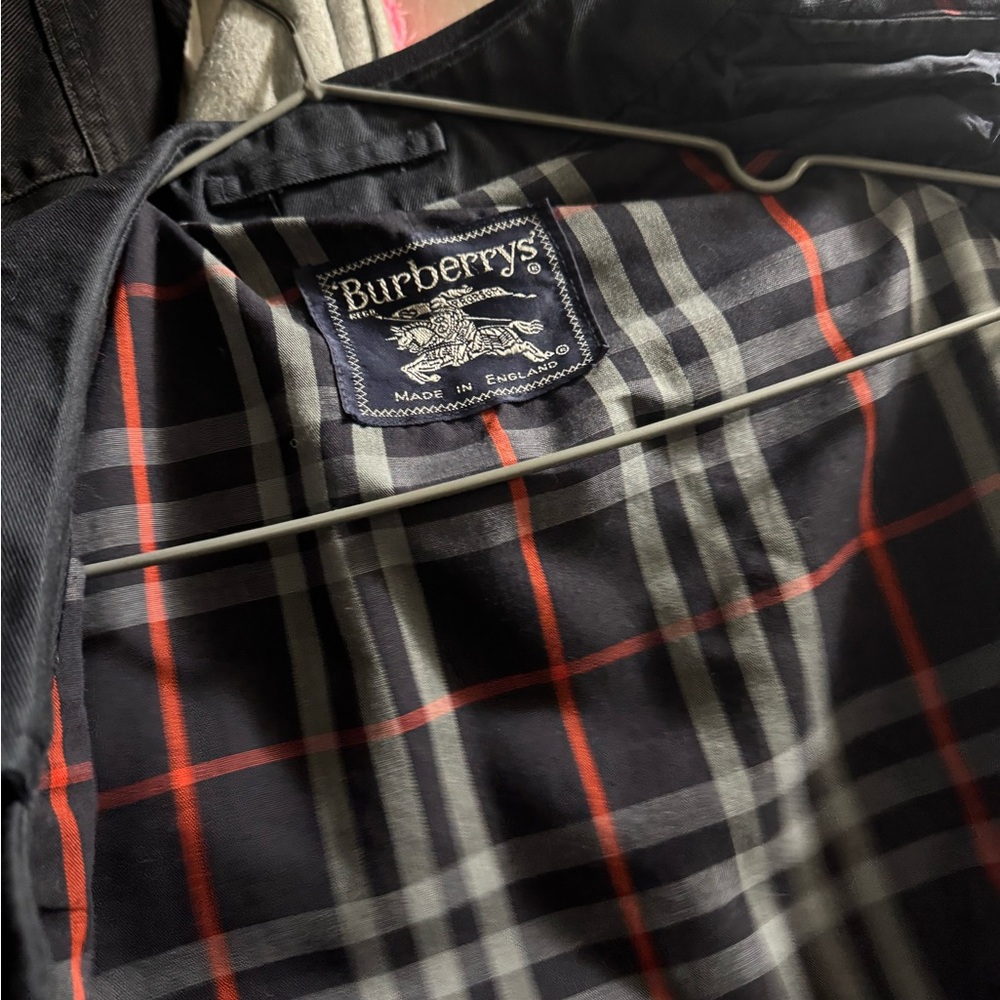 Burberry Navy and Red Plaid Trench Coat